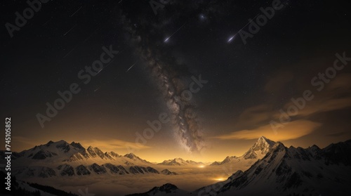 Lustrous meteor shower gleams in the mountainous night scenery