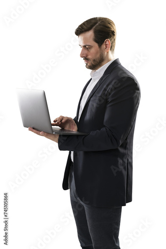 Side view of man with laptop on white background, office technology in use