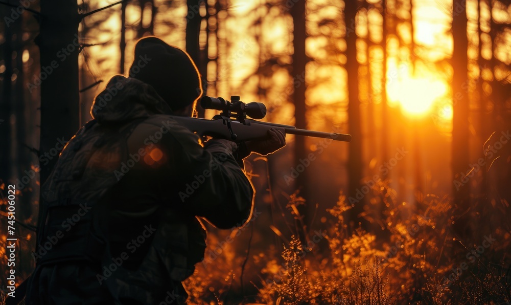Hunter in holding rifle and shooting at evening forest. - obrazy, fototapety, plakaty 