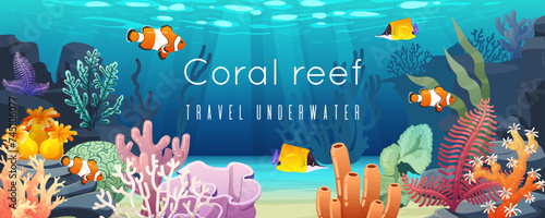 Coral reef, underwater background. Undersea ocean animal poster, aquarium tropical fish, sea banner, summer art nature water, travel swimming. Nature landscape. Vector colorful cartoon illustration