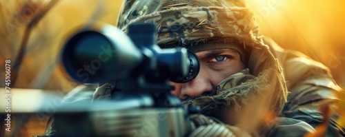 Hunter aiming rifle and looking through a sniper scope photo