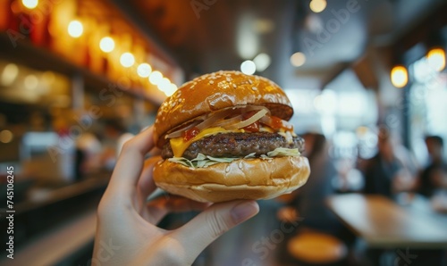 Woman hand with fresh hamburger