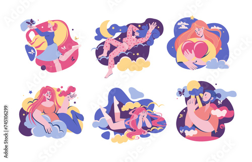 Dream cloud. Mental health, wellbeing woman, illustration happy love, person world mind girl, sky nature, couple night summer, dreaming in clouds. Daydreaming character. Vector cartoon flat concept