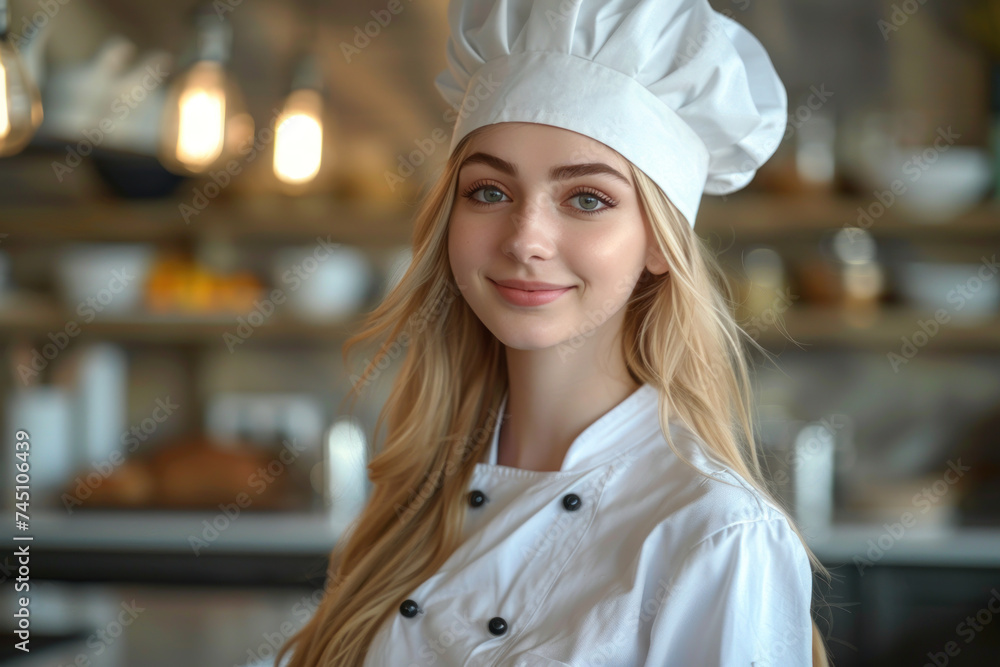 Blonde woman wearing chef uniform in luxury hotel restaurant kitchen Blonde woman wearing chef uniform in luxury hotel restaurant kitchen