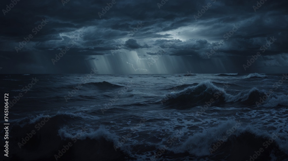 Moody sea under a stormy sky at dusk 