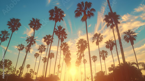 A vintage-filtered image of palm trees silhouetted against a vibrant blue sky  captured from a low angle with sunlight filtering through the leaves