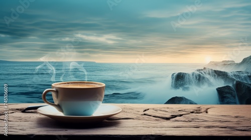 Steaming coffee cup with sea view