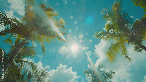 A vintage-filtered image of palm trees silhouetted against a vibrant blue sky  captured from a low angle with sunlight filtering through the leaves