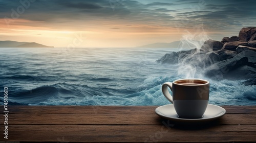 Steaming coffee cup with sea view 