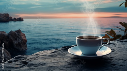 Steaming coffee cup with sea view