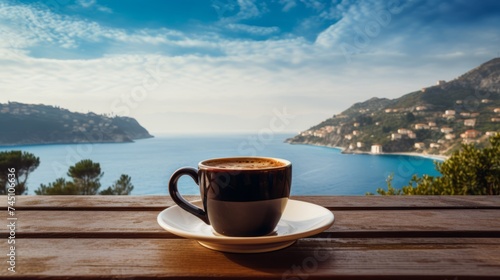 Steaming coffee cup with a view of the sea bay