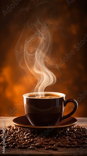 Steaming coffee cup on a brown background