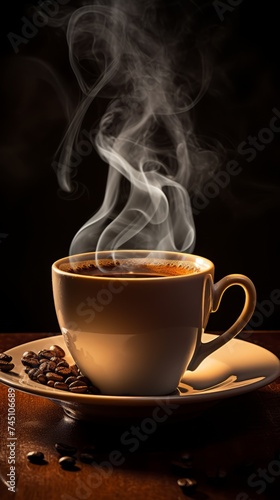Steaming coffee cup on a black background
