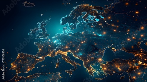 Abstract digital map of Western Europe, concept of European global network and connectivity, data transfer and cyber technology, information exchange and telecommunication
