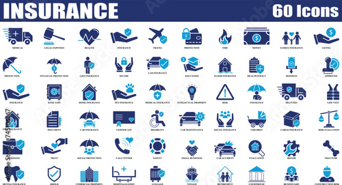Insurance and Assurance colorful icon set. Editable Set of 60 Insurance and Assurance web icons in fill style. High quality business icon set of Insurance