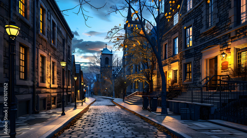 A winding cobblestone street flanked by centuries-old stone buildings, illuminated by the warm glow of street lamps, leading towards a majestic cathedral at dusk
