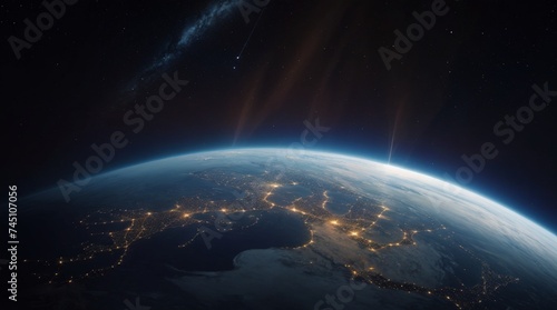 Planet s arc beneath starry night  city lights on continents shine 