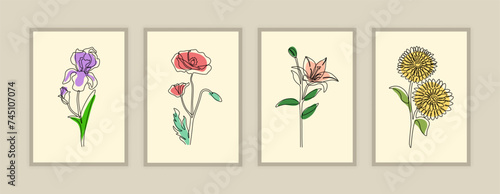 One line flowers poster. Colorful outline iris, poppy, lily and chrysanthemum. print and wall art decor. Spring and summer decoration. Botanical card and postcard. Vector isolated floral objects set