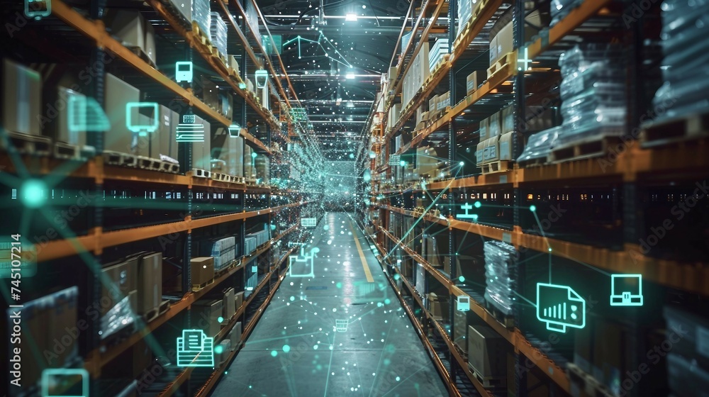 smart warehouse management system, featuring interconnected IoT devices that enable a seamless flow of information and facilitate predictive maintenance . smart warehouse management system, featuring interconnected IoT devices that enable a seamless flow of information and facilitate predictive maintenance .