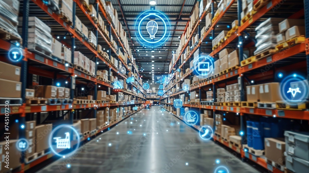 smart warehouse management system, featuring interconnected IoT devices that enable a seamless flow of information and facilitate predictive maintenance .