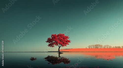 Positively just one vibrant red tree losing leaves by calm reflective water at sunset 