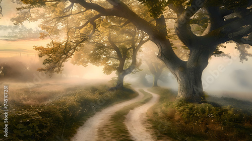 A winding path leads into a misty forest where ancient trees stand tall, their gnarled branches reaching towards a soft, pastel sky painted with wisps of clouds © Muhammad