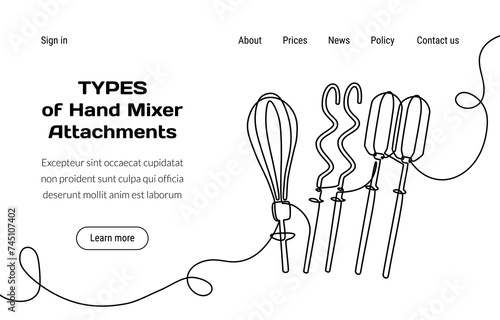 Kitchen tools. Cooking utensil landing page. Household kitchenware. Household kitchenware. Mixer accessory. Website design. Blender attachment. Continuous line drawing. Home cookery. Vector background