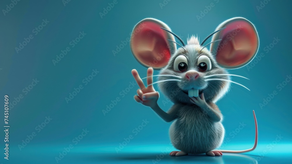 cartoon mouse with peace sign hand