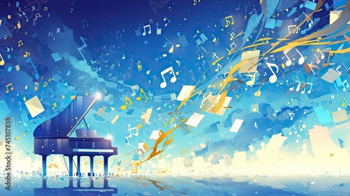 There are many musical notes in the air, with a piano in the middle, a gradient style pattern