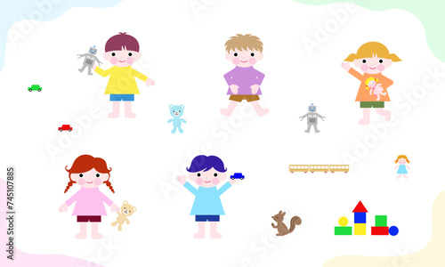 室内遊びをするかわいい子供たちとおもちゃのイラストセット