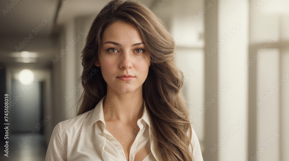 Self-assured lady with flowing hair stands in softly lit hallway Self-assured lady with flowing hair stands in softly lit hallway