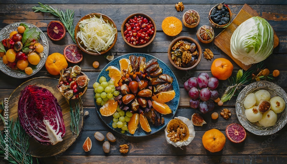 Zenith view of an old dark wooden table with fruit and vegetables. - obrazy, fototapety, plakaty 