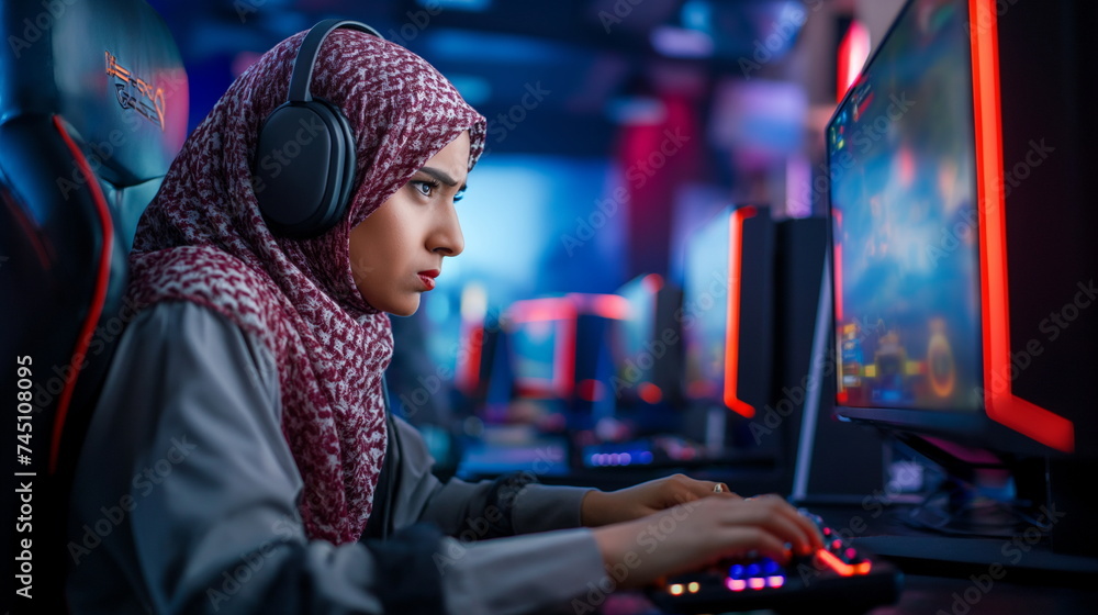 Muslim young woman playing video games in cybersports club neon lights on background, modern , generative ai, sad, angry emotional - obrazy, fototapety, plakaty 