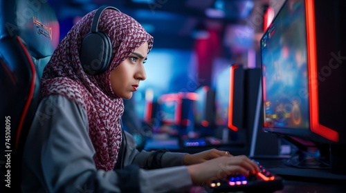 Muslim young woman playing video games in cybersports club neon lights on background, modern , generative ai, sad, angry emotional