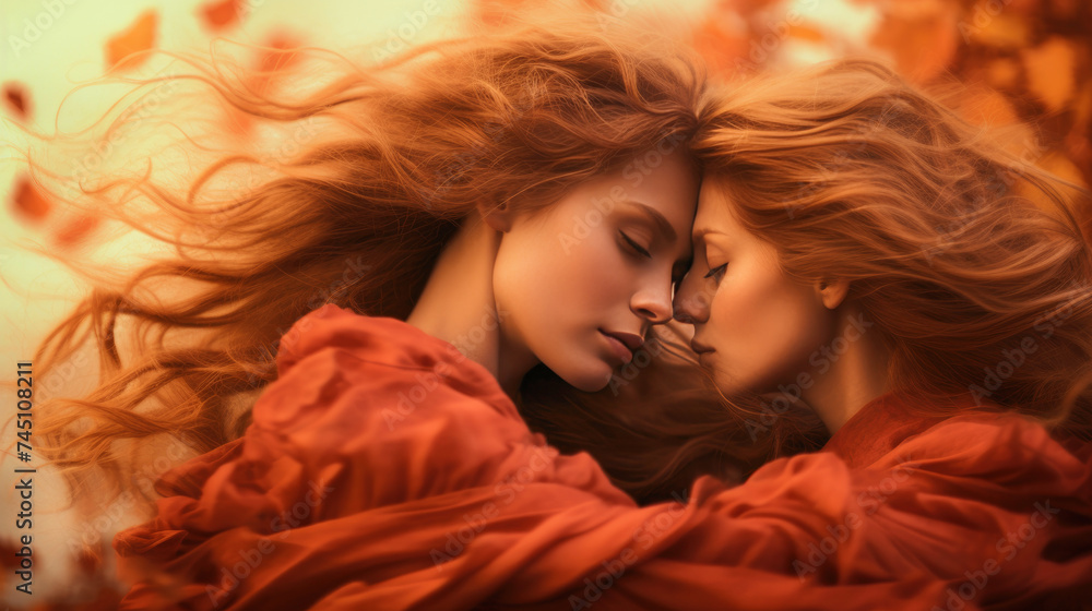 Romantic portrait lesbian couple embracing each other Romantic portrait lesbian couple embracing each other
