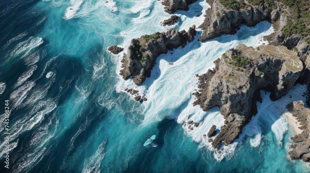 Sharp cliffs converge with the turbulent navy waters from a high perspective 