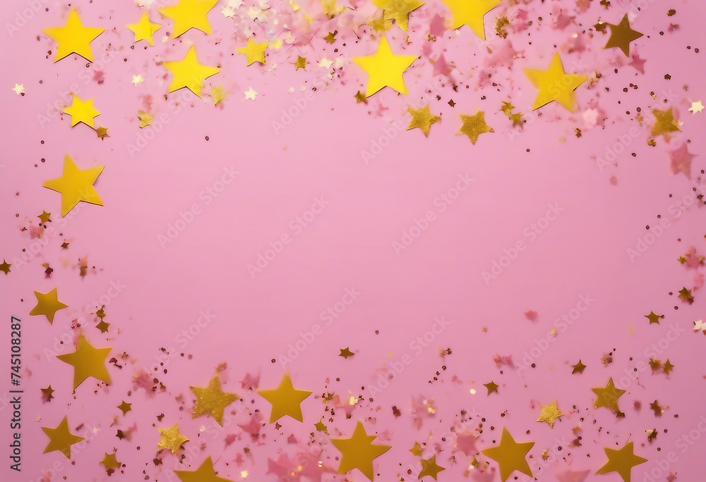 Pink and yellow pastel Stars Glitter Confetti on pink background Festive backdrop