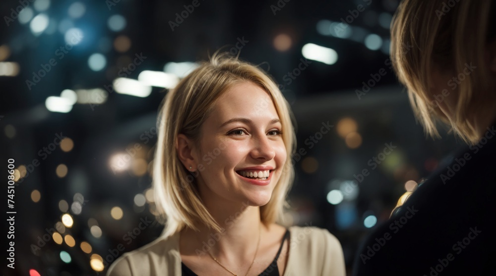 Smiling woman deeply engaged in conversation with bokeh background 