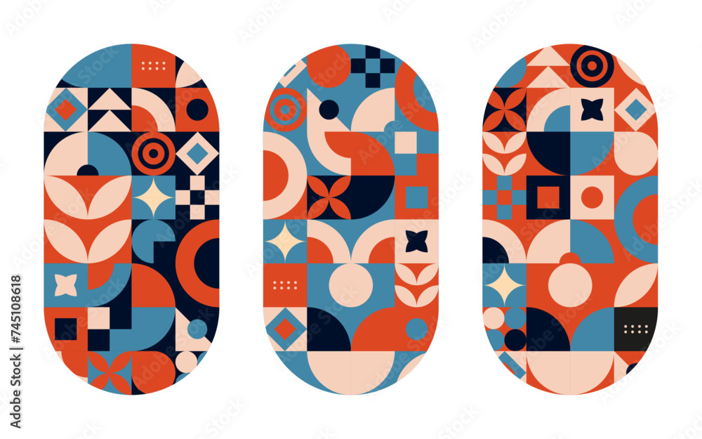Triptyque de motifs géométriques - Arrière-plan abstraits et colorés - Formes carrés, rondes et triangulaires - Flat design moderne - Illustrations vectorielles éditables - Orange, bleu, beige