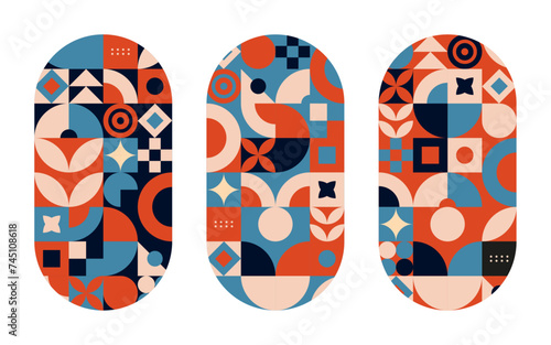 Triptyque de motifs géométriques - Arrière-plan abstraits et colorés - Formes carrés, rondes et triangulaires - Flat design moderne - Illustrations vectorielles éditables - Orange, bleu, beige