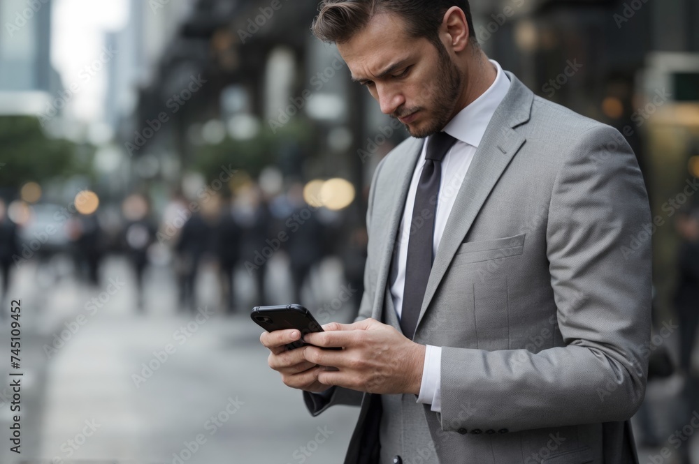 Suit-wearing man deeply engrossed in checking his smartphone Suit-wearing man deeply engrossed in checking his smartphone