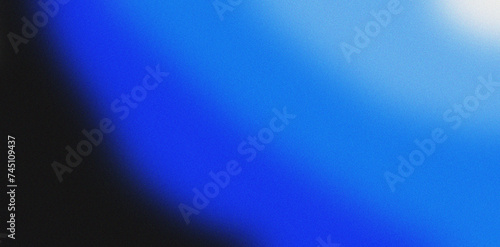 Blue white illuminated wave on black, grainy color gradient background, noise texture effect, copy space 