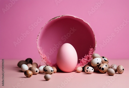 Pink Egg shaped hole with copy space Creative layout with floral pattern and quail eggs Happy easter