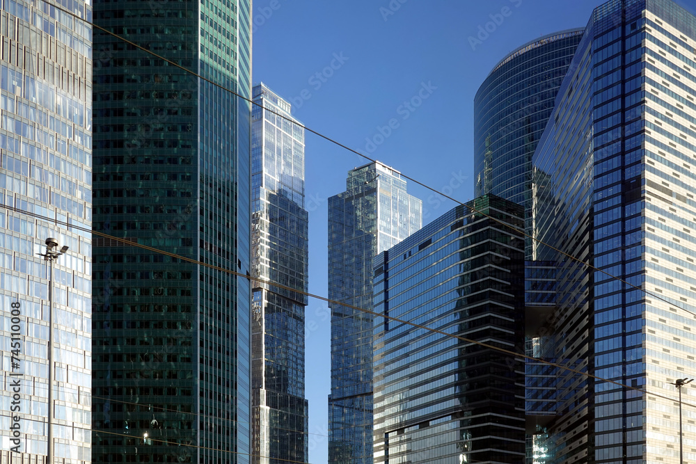 Obraz premium View to dense standing high skyscraper buildings of Moscow City International Business Centre