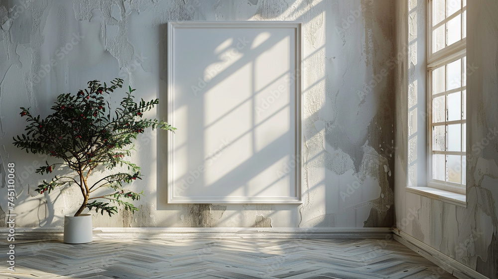 Frame mockup in the center of a white modern room, beautiful lighting. Frame mockup in the center of a white modern room, beautiful lighting.