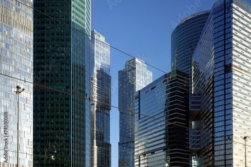 View to dense standing high skyscraper buildings of Moscow City International Business Centre