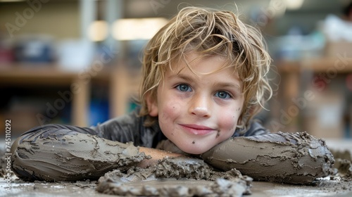 A young boy with tousled blond hair and bright blue eyes in a pottery workshop - AI Generated Digital Art