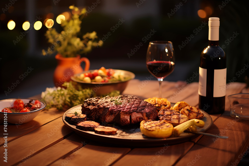 Backyard dinner table, tasty grilled BBQ meat. Picnic, party, festive table, birthday, celebration.