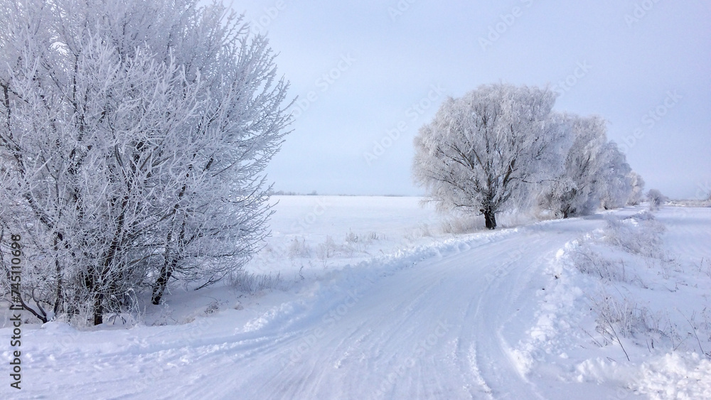 The image depicts a serene winter landscape with frosted trees, a clear sky, and tire tracks on a snow-covered road. The image depicts a serene winter landscape with frosted trees, a clear sky, and tire tracks on a snow-covered road.