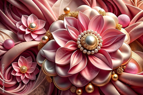3d printable ceiling interior design, Stylish and unique 3D ceiling wallpaper design, Background with luxury gold ornaments, jewellery flowers, pink flower background